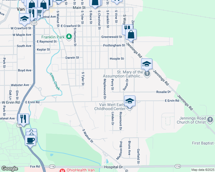 map of restaurants, bars, coffee shops, grocery stores, and more near 733 Perry Street in Van Wert