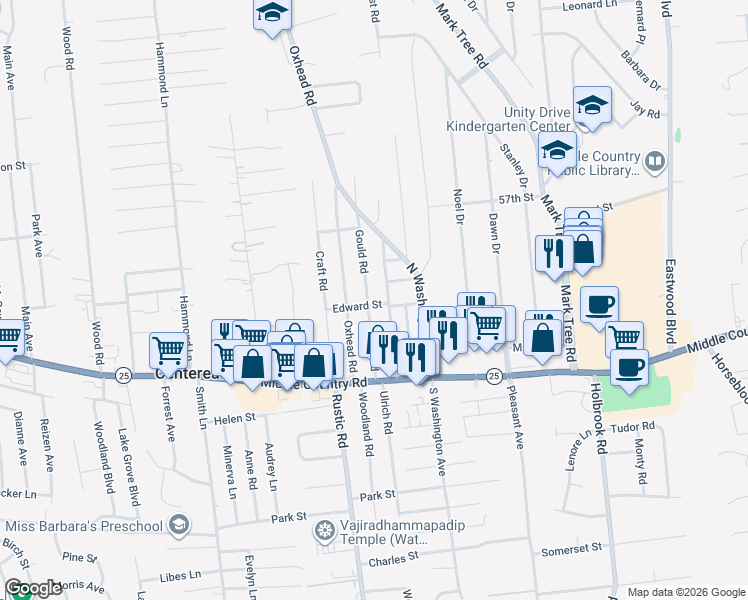map of restaurants, bars, coffee shops, grocery stores, and more near 45 Gould Road in Centereach