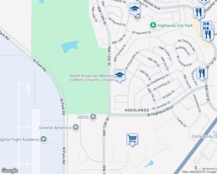 map of restaurants, bars, coffee shops, grocery stores, and more near 5255 Northwest 12th Street in Lincoln