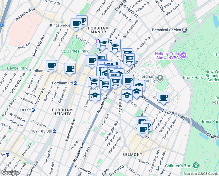 map of restaurants, bars, coffee shops, grocery stores, and more near 360 East Fordham Road in The Bronx
