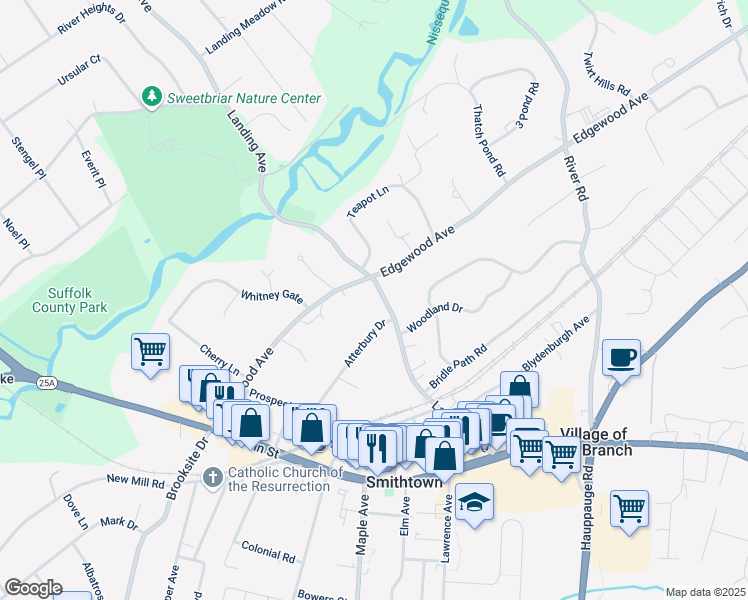 map of restaurants, bars, coffee shops, grocery stores, and more near 172 Landing Avenue in Smithtown