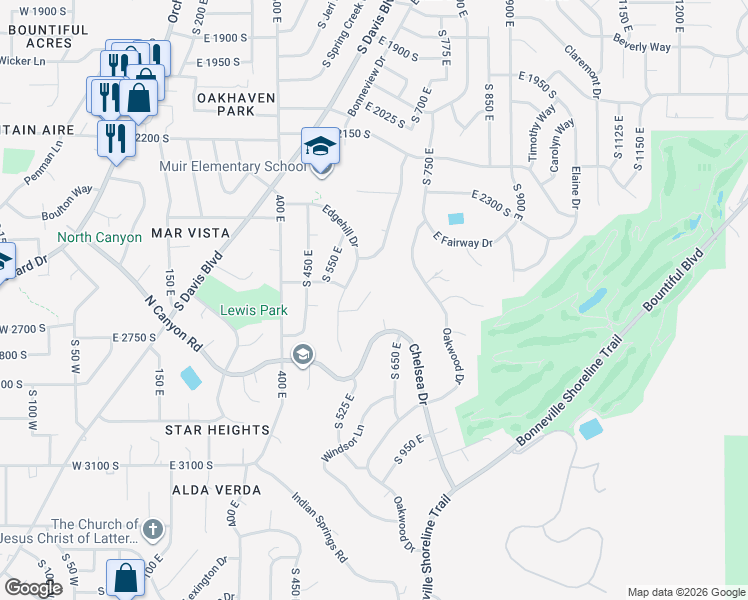 map of restaurants, bars, coffee shops, grocery stores, and more near 610 Meadowlark Lane in Bountiful