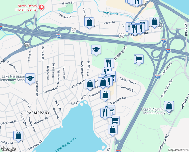 map of restaurants, bars, coffee shops, grocery stores, and more near 38 Keyport Road in Parsippany-Troy Hills