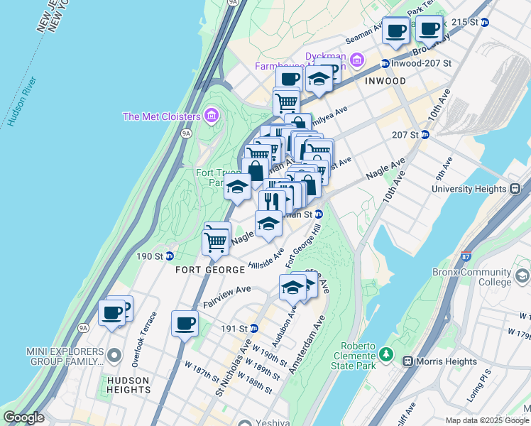 map of restaurants, bars, coffee shops, grocery stores, and more near 63 Ellwood Street in New York