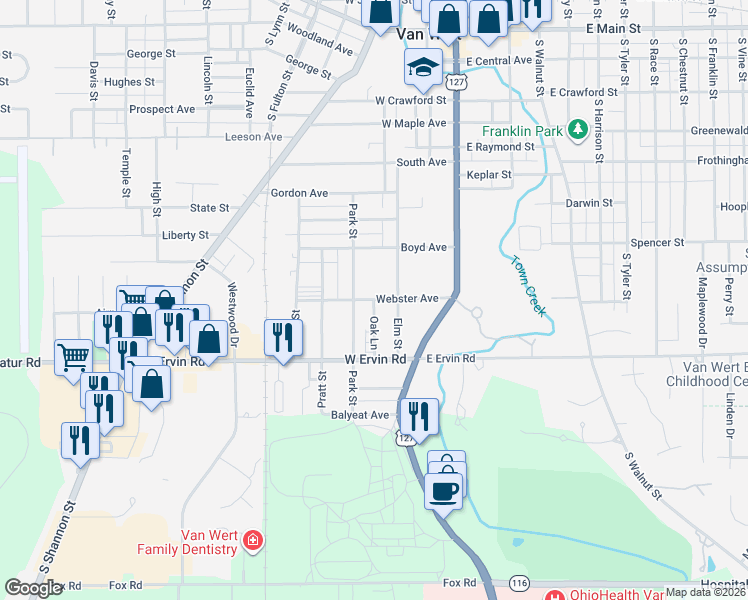 map of restaurants, bars, coffee shops, grocery stores, and more near 1001 Oak Lane in Van Wert