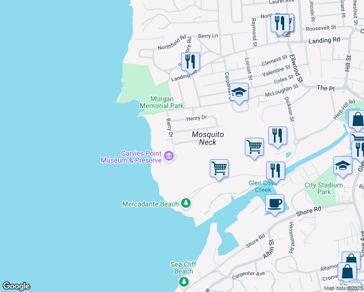 map of restaurants, bars, coffee shops, grocery stores, and more near 6 Daniel Drive in Glen Cove