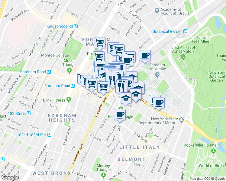 map of restaurants, bars, coffee shops, grocery stores, and more near 2530 Webster Avenue in Bronx