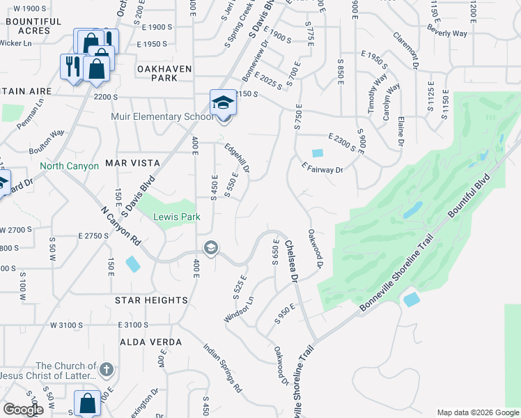 map of restaurants, bars, coffee shops, grocery stores, and more near 610 Meadowlark Lane in Bountiful