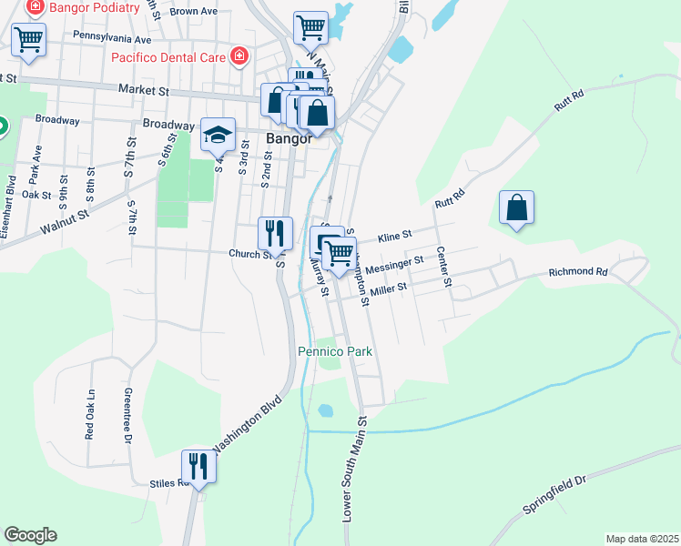 map of restaurants, bars, coffee shops, grocery stores, and more near 457 South Main Street in Bangor