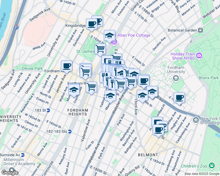 map of restaurants, bars, coffee shops, grocery stores, and more near 307 East 188th Street in Bronx