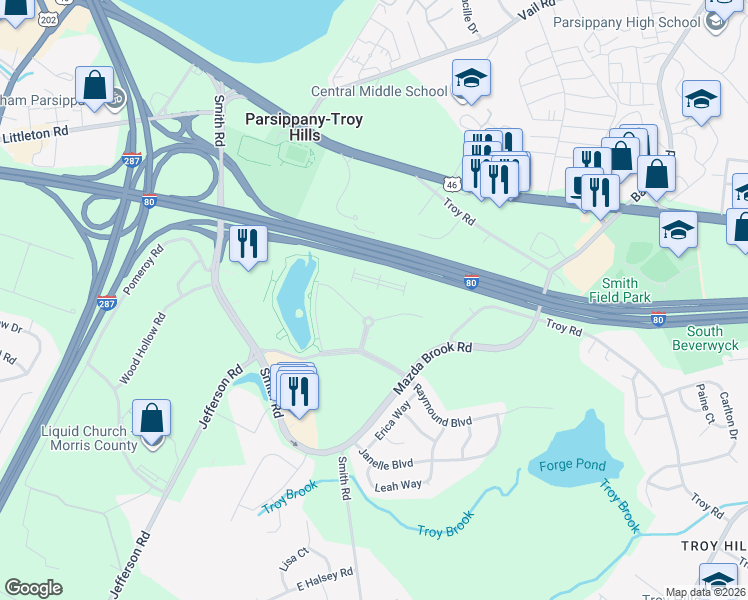 map of restaurants, bars, coffee shops, grocery stores, and more near 300 Kimball Drive in Parsippany-Troy Hills