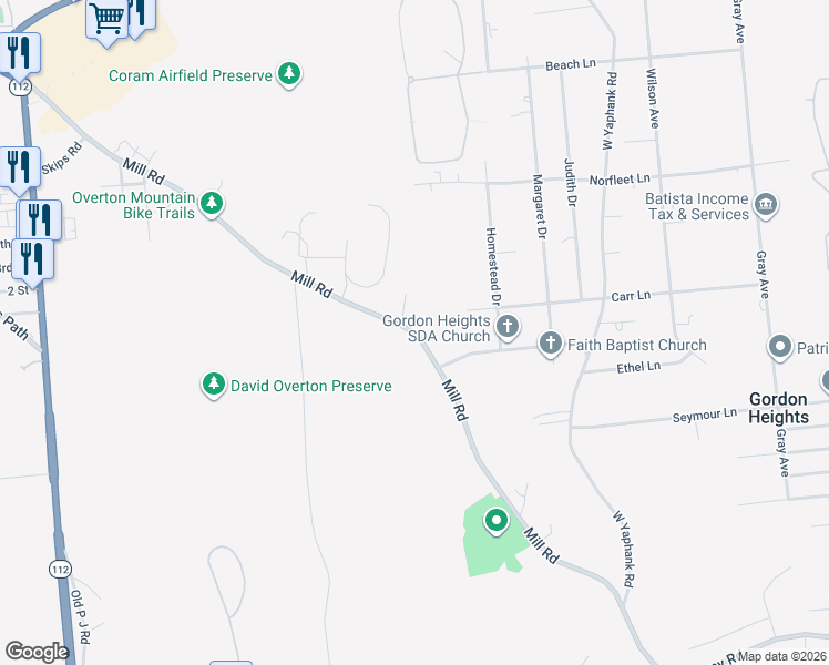 map of restaurants, bars, coffee shops, grocery stores, and more near 469 Mill Road in Coram