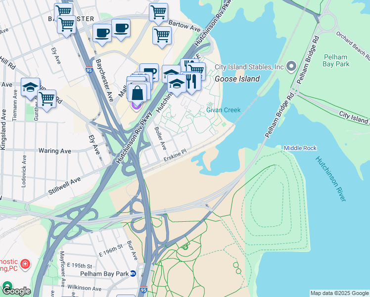 map of restaurants, bars, coffee shops, grocery stores, and more near 10A Earhart Lane in The Bronx