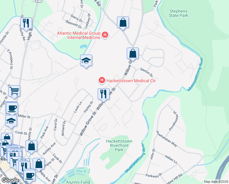 map of restaurants, bars, coffee shops, grocery stores, and more near 612 Willow Grove Street in Hackettstown