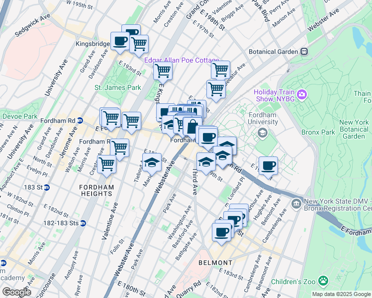 map of restaurants, bars, coffee shops, grocery stores, and more near 2521 Webster Avenue in The Bronx