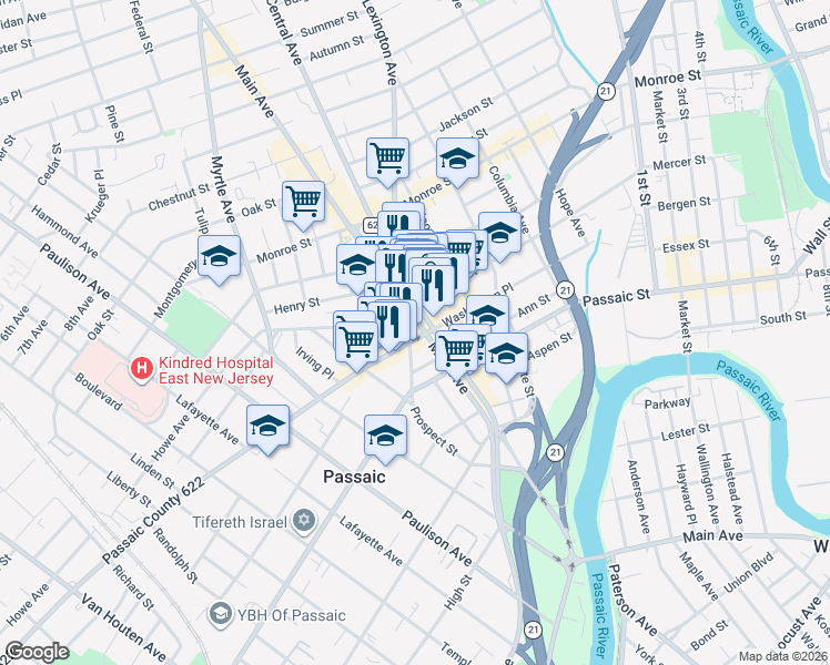map of restaurants, bars, coffee shops, grocery stores, and more near 181 Prospect Street in Passaic