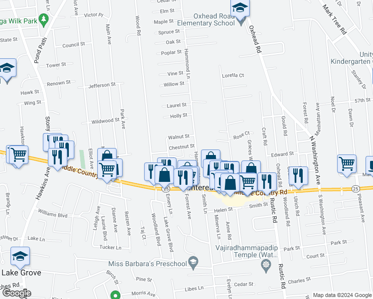 map of restaurants, bars, coffee shops, grocery stores, and more near 12 Walnut Street in Centereach