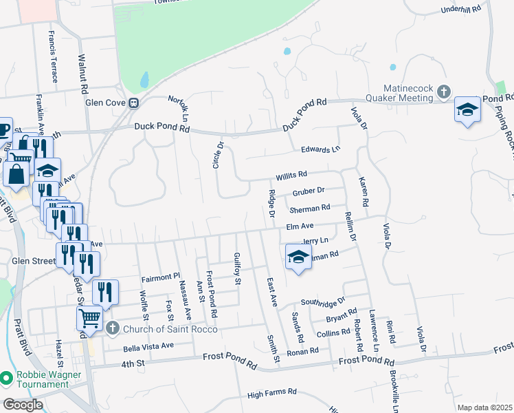 map of restaurants, bars, coffee shops, grocery stores, and more near 45 Circle Drive in Glen Cove
