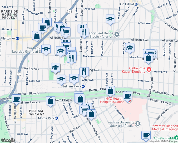 map of restaurants, bars, coffee shops, grocery stores, and more near 2409 Hering Avenue in Bronx