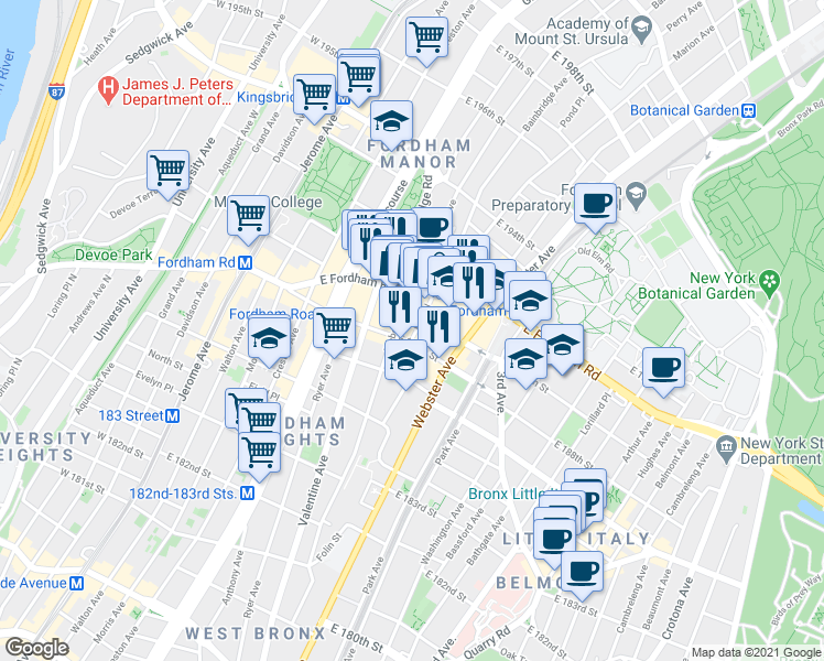 map of restaurants, bars, coffee shops, grocery stores, and more near 2485 Elm Place in The Bronx