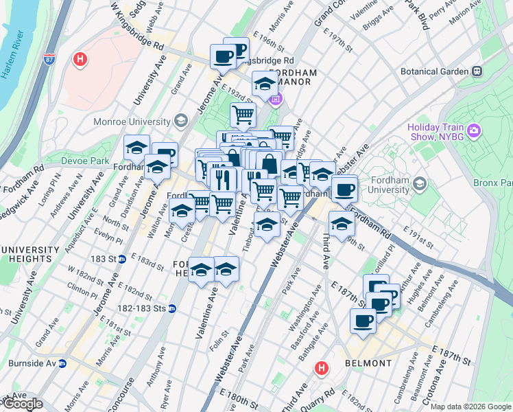 map of restaurants, bars, coffee shops, grocery stores, and more near 2474 Valentine Avenue in The Bronx