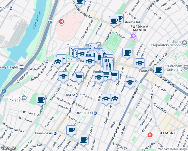 map of restaurants, bars, coffee shops, grocery stores, and more near 2430 Walton Avenue in Bronx