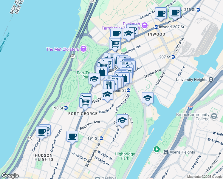 map of restaurants, bars, coffee shops, grocery stores, and more near 15 Sickles Street in New York