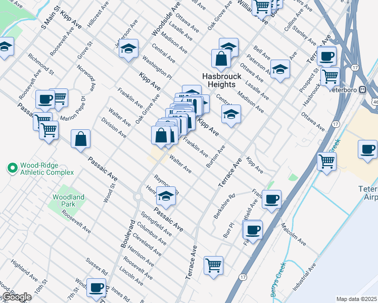map of restaurants, bars, coffee shops, grocery stores, and more near 216 Boulevard in Hasbrouck Heights