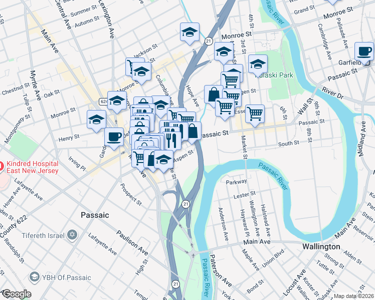 map of restaurants, bars, coffee shops, grocery stores, and more near 270 Passaic Avenue in Passaic