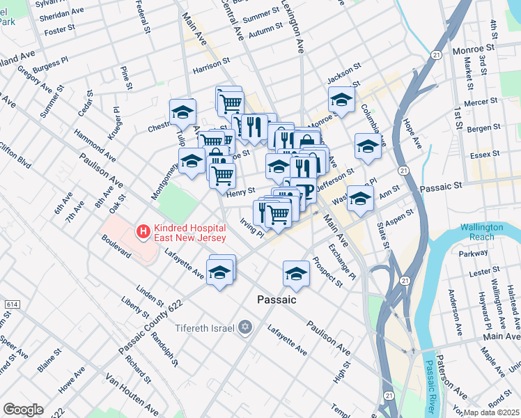 map of restaurants, bars, coffee shops, grocery stores, and more near 53 Henry Street in Passaic