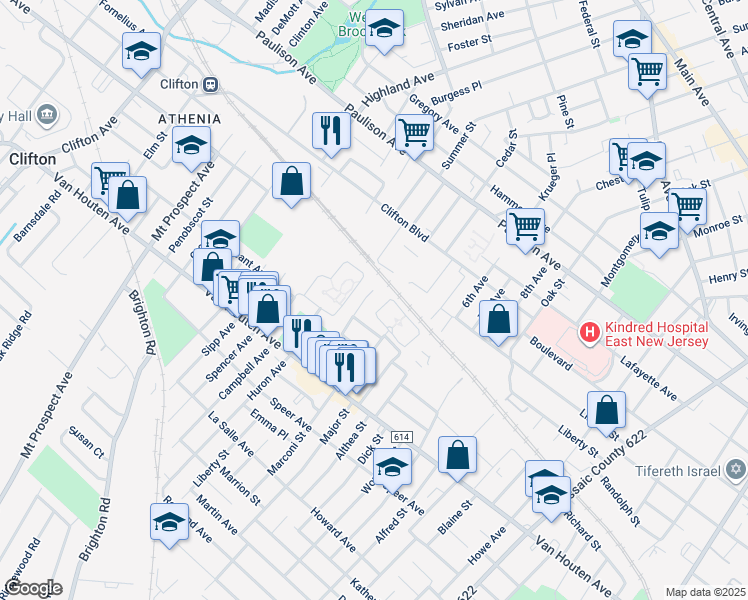 map of restaurants, bars, coffee shops, grocery stores, and more near 93 Renaissance Drive in Clifton