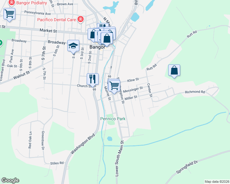 map of restaurants, bars, coffee shops, grocery stores, and more near 42 Kline Street in Bangor