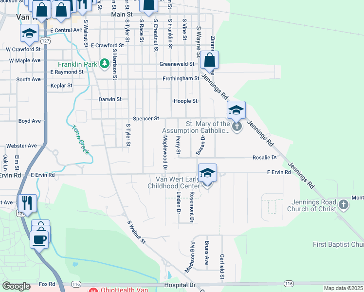 map of restaurants, bars, coffee shops, grocery stores, and more near 733 Perry Street in Van Wert