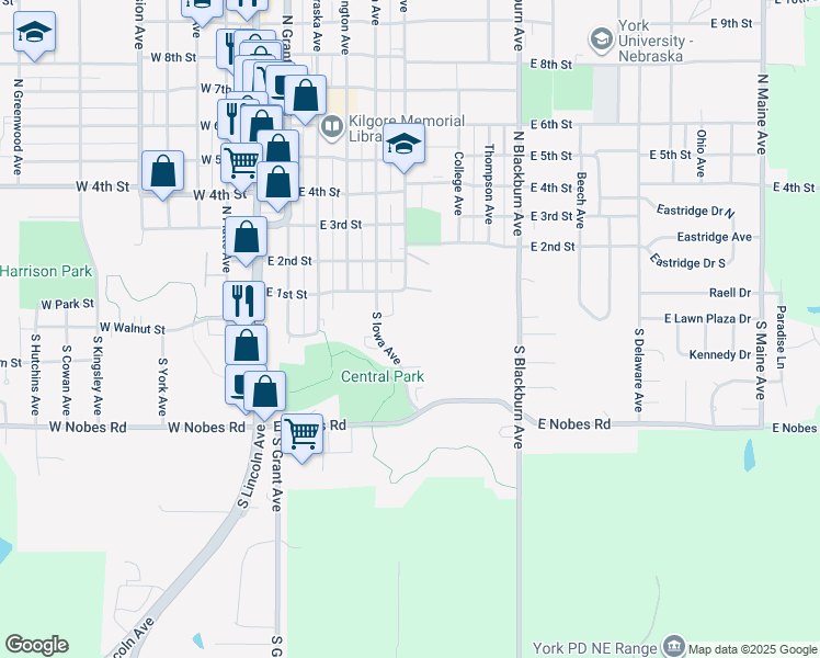 map of restaurants, bars, coffee shops, grocery stores, and more near 119 South Iowa Avenue in York