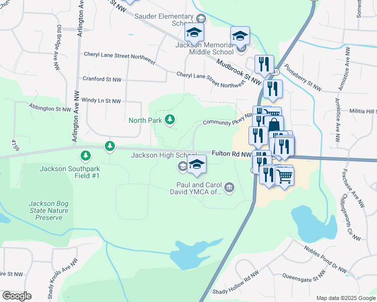 map of restaurants, bars, coffee shops, grocery stores, and more near 7600 Fulton Drive Northwest in Massillon