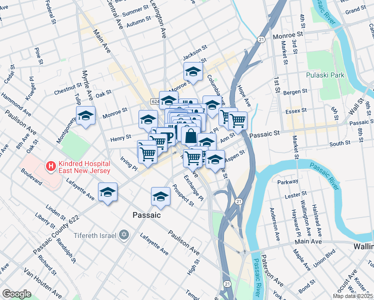 map of restaurants, bars, coffee shops, grocery stores, and more near 218 Washington Place in Passaic