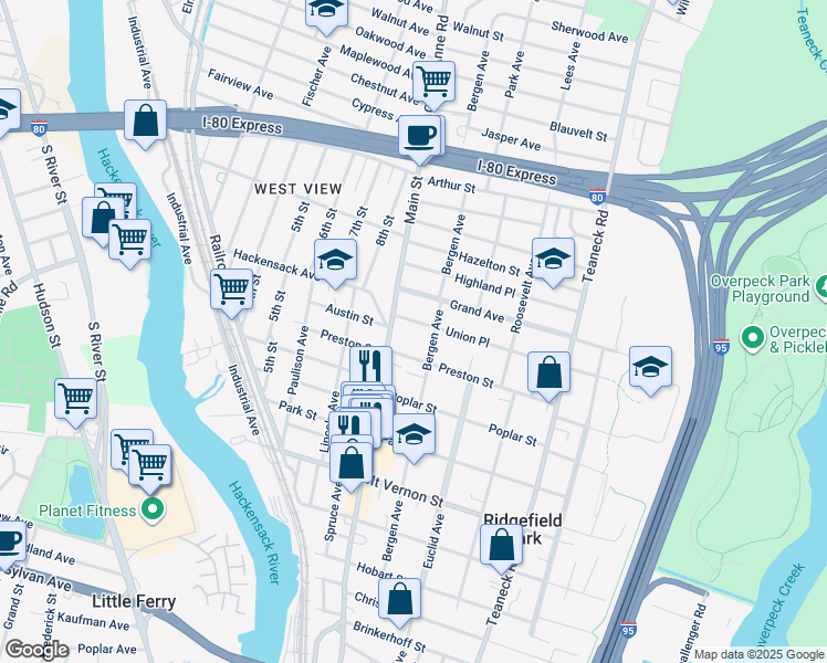 map of restaurants, bars, coffee shops, grocery stores, and more near 2 Union Place in Ridgefield Park