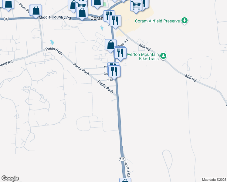 map of restaurants, bars, coffee shops, grocery stores, and more near 1 Pauls Path in Coram