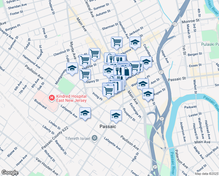 map of restaurants, bars, coffee shops, grocery stores, and more near 41 Howe Avenue in Passaic