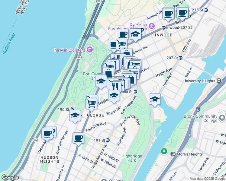 map of restaurants, bars, coffee shops, grocery stores, and more near 73 Ellwood Street in New York