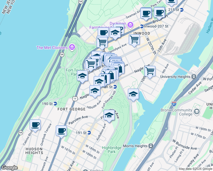 map of restaurants, bars, coffee shops, grocery stores, and more near Nagle Ave & Arden St in New York
