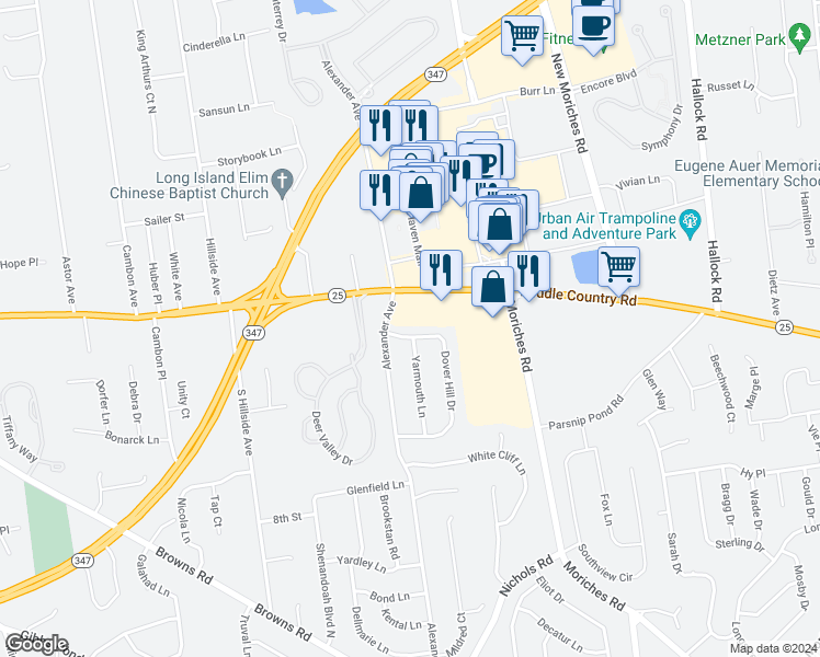 map of restaurants, bars, coffee shops, grocery stores, and more near 5 Dover Hill Drive in Nesconset