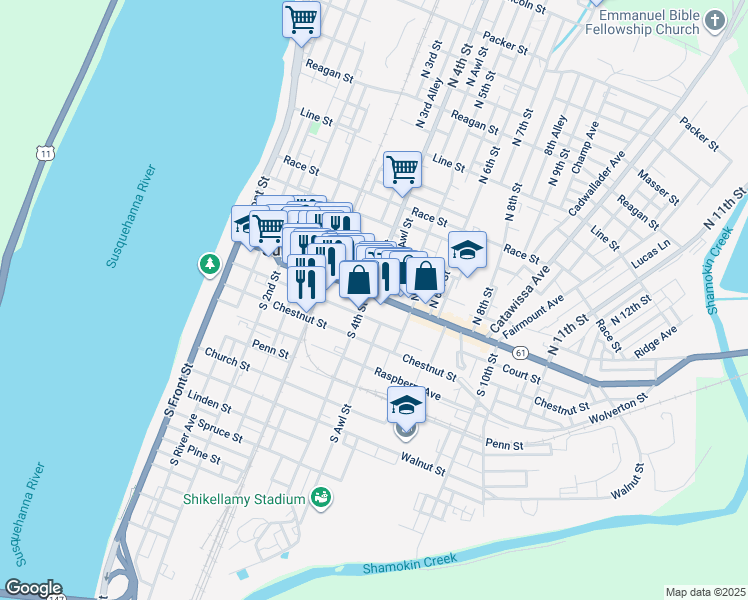 map of restaurants, bars, coffee shops, grocery stores, and more near 20 North 4th Street in Sunbury