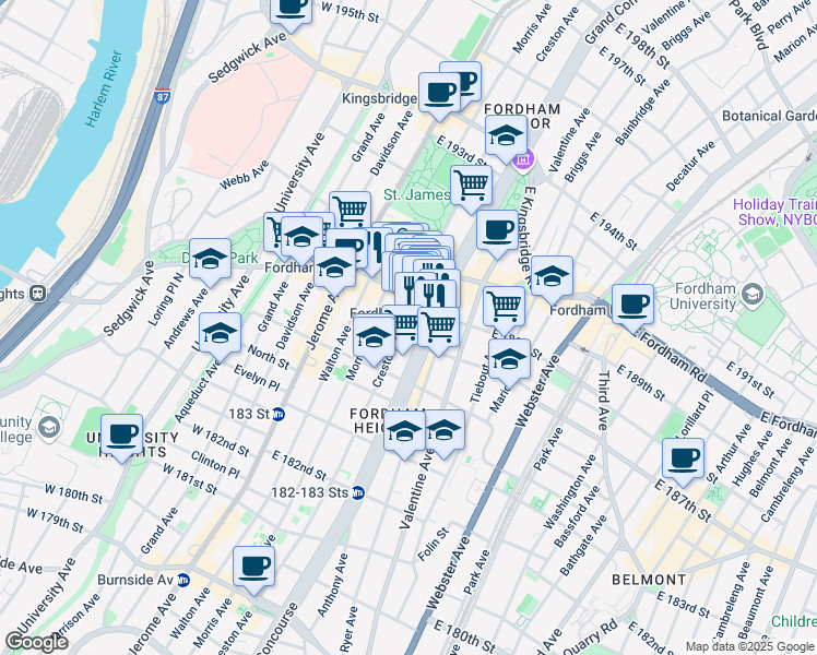 map of restaurants, bars, coffee shops, grocery stores, and more near in The Bronx