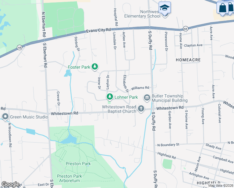 map of restaurants, bars, coffee shops, grocery stores, and more near 124 Williams Road in Meridian