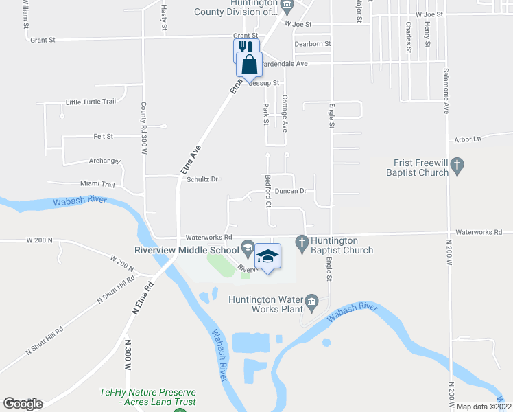 map of restaurants, bars, coffee shops, grocery stores, and more near 2047 Duncan Drive in Huntington