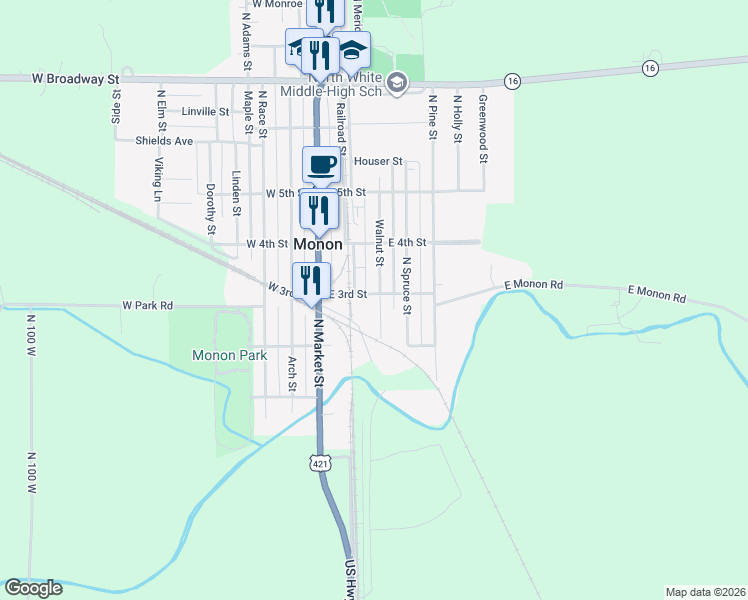 map of restaurants, bars, coffee shops, grocery stores, and more near 200-298 East 3rd Street in Monon
