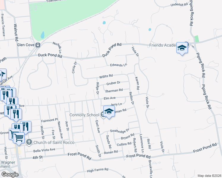map of restaurants, bars, coffee shops, grocery stores, and more near 8 Gruber Drive in Glen Cove