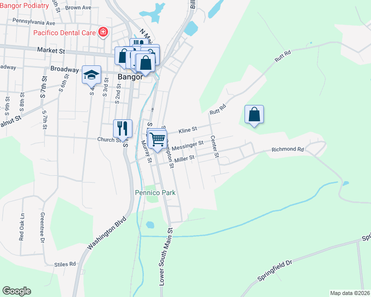 map of restaurants, bars, coffee shops, grocery stores, and more near 130 Kline Street in Bangor