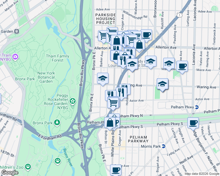map of restaurants, bars, coffee shops, grocery stores, and more near in The Bronx
